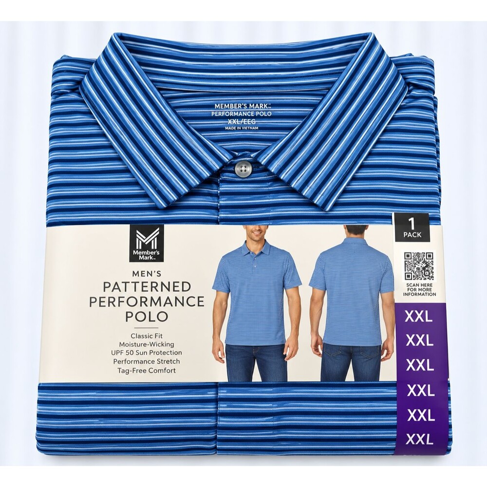 Members Mark Mens Polo Shirt XXL Blue Striped Performance Golf UPF 50 NWT